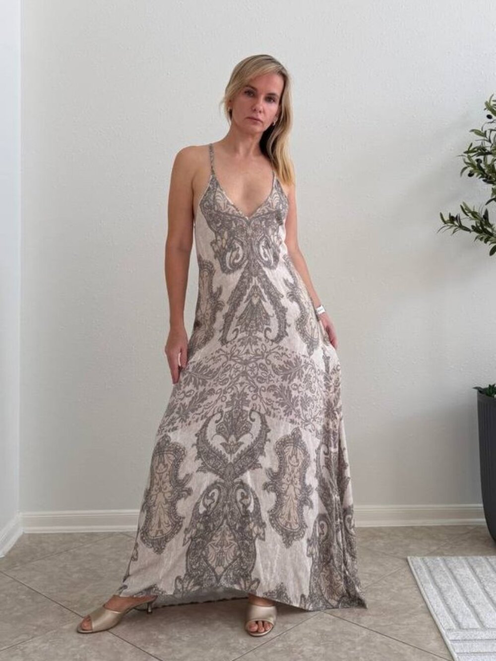 Hale Bob Taupe Paisley Halter Maxi Dress Size S